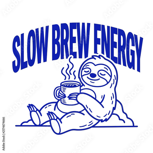 Sloth holding steaming coffee cup cartoon graphic illustration.