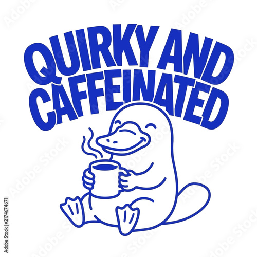 Quirky Caffeinated Platypus Holding Steaming Coffee Cup Illustration.