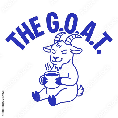 THE GOAT cartoon goat holding steaming coffee cup design.