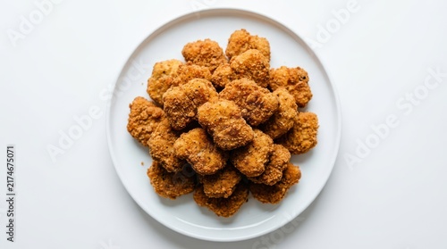 A pile of crispy golden fried chicken nuggets served on a white plate isolated on white background