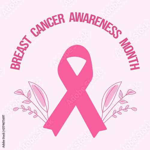 Breast Cancer Awareness Month pink ribbon illustration with floral elements. Flat vector illustration. Support, solidarity, community, campaign, charity.