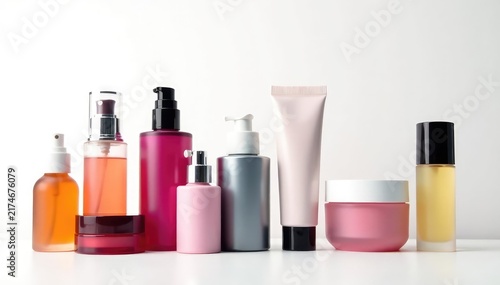 Various cosmetic items, isolated on seamless white, skincare tools, commercial, makeup tools