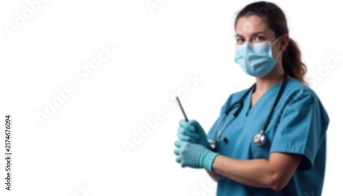 Veterinarian in scrubs, examining tools isolated on white, doctor, sterile