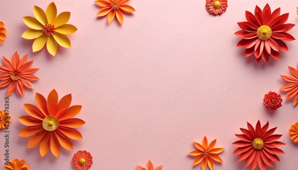 Fototapeta premium Scattered autumn flowers around soft pink background