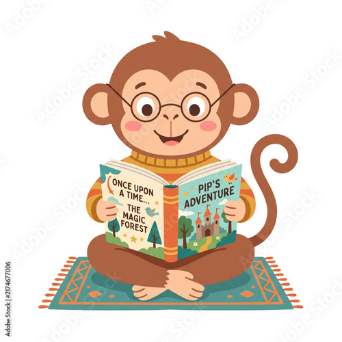 Smart Cute Monkey Reading Book with Glasses Flat Vector