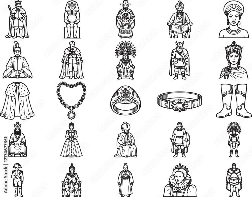 Fototapeta premium A collection of royalty and regal figures, adorned in historical attire and ceremonial regalia, presented in a stylized monochrome illustration.