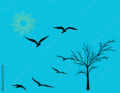 Minimalist bird silhouettes flying in blue sky, black tree branch and yellow sun vector illustration, serene nature landscape background for wall art and decor