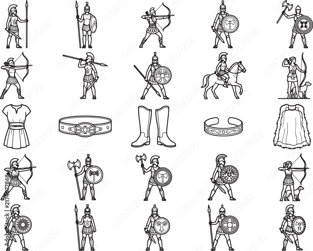 Obraz premium A collection of illustrated ancient Greek warrior figures, both male and female, showcasing various poses, armor, weapons like spears and bows, and accouterments such as shields, helmets, and cloaks.