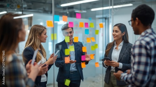 Professional team brainstorming session using colorful sticky notes in modern office