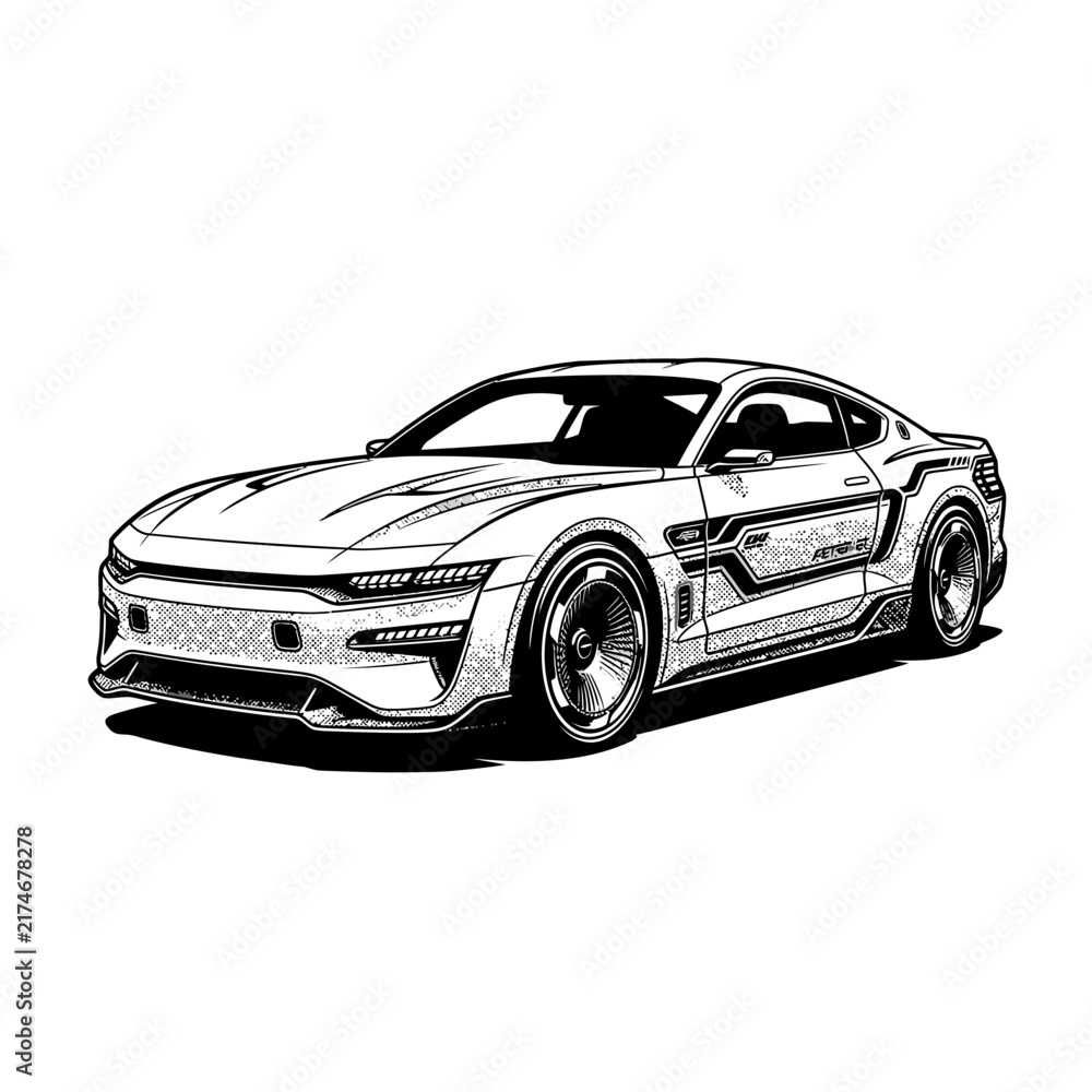 Fototapeta premium Sporty muscle car sketch showing detailed mechanical precision in a black and white vector on white background