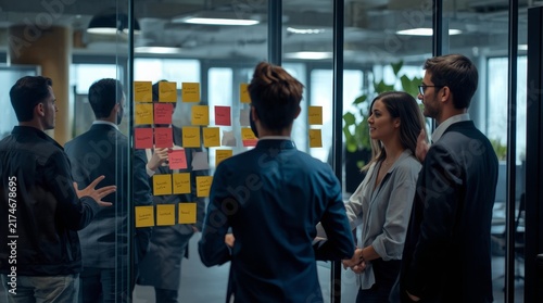 Professional team collaborating around colorful sticky note brainstorming session