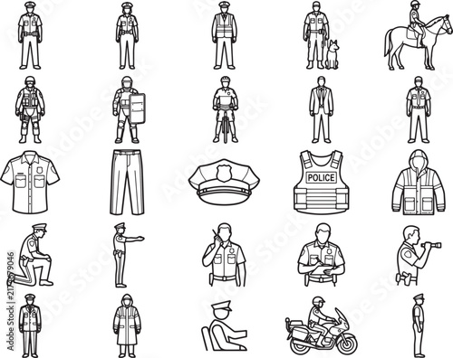 A collection of minimalist icons depicts various law enforcement officers, their equipment, and vehicles, showcasing the different roles and tools used in policing.