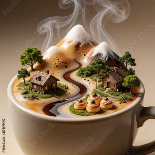 Whimsical steaming bowl with miniature mountain village sunset landscape