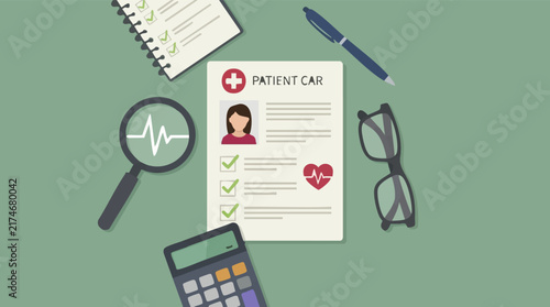 Patient Card and Medical Diagnostic Tools Flat Lay Illustration