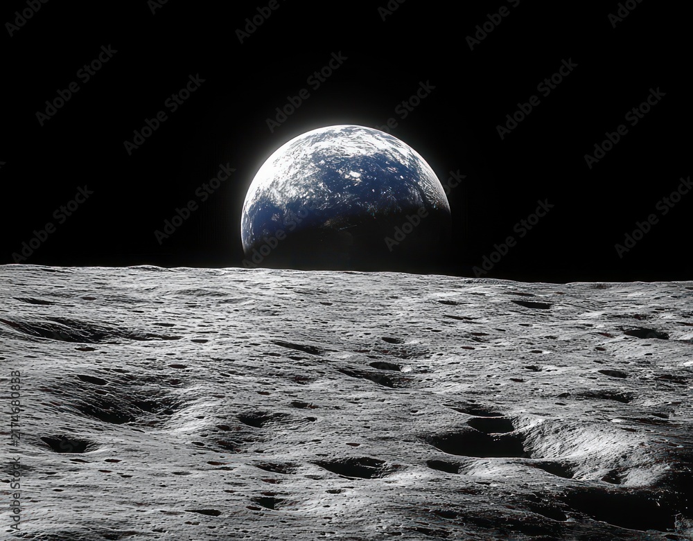 Fototapeta premium earth rising above a cratered lunar surface under a black space sky, evoking awe and silent wonder
