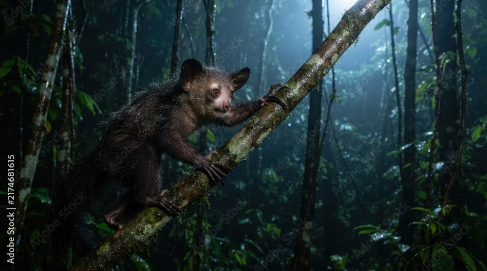 Fototapeta premium Aye-aye Lemur in its Natural Habitat: A solitary aye-aye lemur, with its distinctive large ears and bright eyes, clings to a moss-covered branch deep within a misty, ancient rainforest.