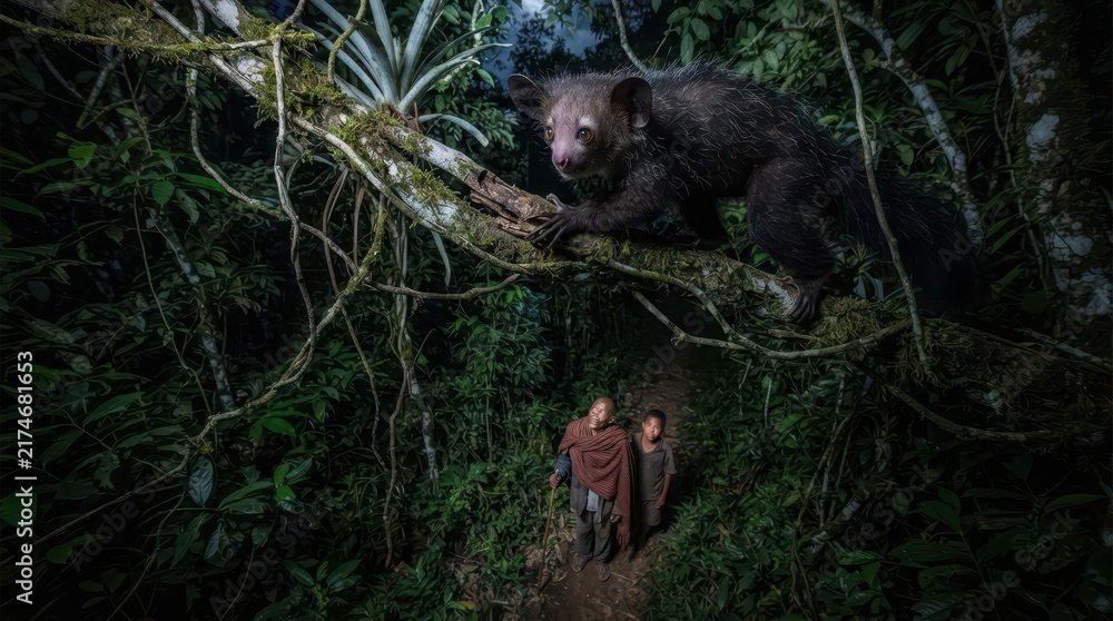 Fototapeta premium Aye-Aye in the Rainforest Canopy: A rare Aye-Aye, with its distinctive rodent-like teeth and large eyes, clings to a moss-covered branch high in a dense, tropical rainforest at night. Below.