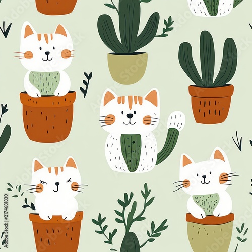 Playful seamless pattern of smiling white cats sitting in terracotta pots among potted cacti and leafy succulents on a pale green background