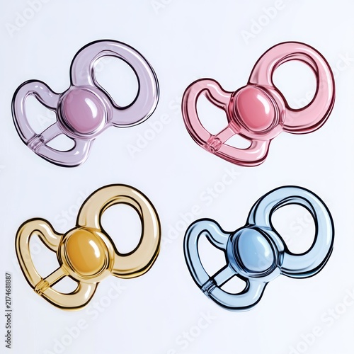 four pastel translucent baby pacifiers arranged in a neat grid on a white background conveying a gentle, soothing and playful mood