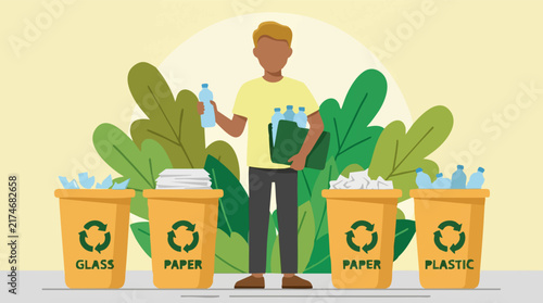 Person sorting recyclable waste into labeled bins for glass, paper, and plastic