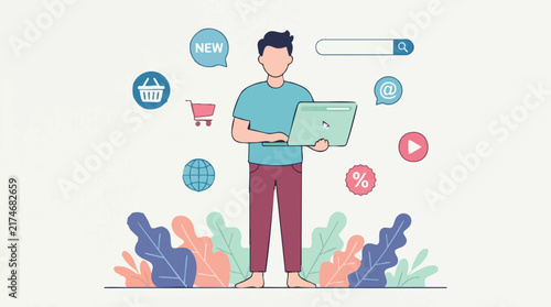 Man using laptop for e-commerce, online shopping, and digital activities concept