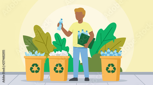 Man recycling plastic bottles into bins, environmental protection concept