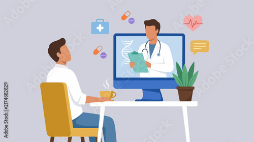 Telemedicine consultation with a doctor on a computer screen