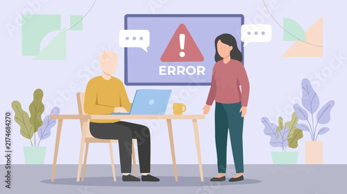Business people discussing computer error problem in office illustration