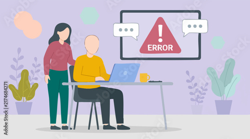 People troubleshooting a computer error, technical assistance, flat illustration
