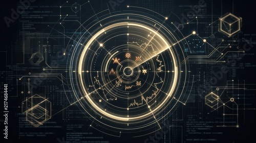 Cybersecurity radar interface scanning digital threats and network security data visualization.