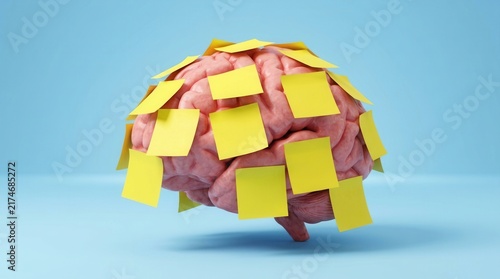 Human brain covered with yellow sticky notes on a blue background, representing a task reminder concept or memory overload in a 3D rendering.