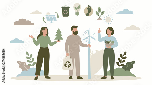 Sustainable living concept with people, renewable energy, and eco-friendly icons