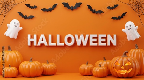 Halloween background featuring friendly ghosts bats spider webs glowing pumpkins on an orange wall halloween text spooky season autumn holiday trick or treat jack o lantern creepy backdrop