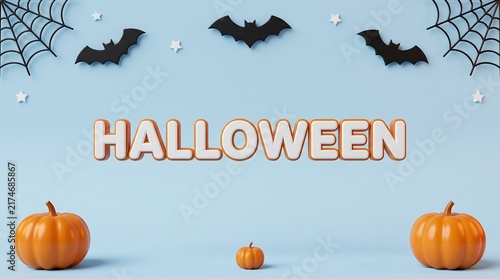 Halloween background with flying bats spider webs small pumpkins on a light blue wall halloween text spooky season autumn holiday trick or treat jack o lantern creepy backdrop fall decor