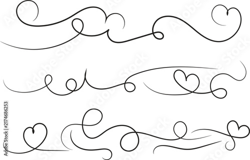 Filigree curly Calligraphic Heart, Fancy Line Flourishes Swirls hearts, curve romantic love sign, Valentines Day divider flourish Swirl, Calligraphy Flourish lettering header hearts scroll 