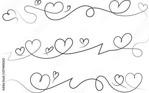 Filigree curly Calligraphic Heart, Fancy Line Flourishes Swirls hearts, curve romantic love sign, Valentines Day divider flourish Swirl, Calligraphy Flourish lettering header hearts scroll 