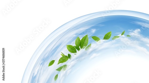 Green leaves floating in a circular blue sky frame with white clouds and copy space