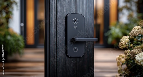 close-up of a sleek black smart door lock and lever on a dark wood front door with warm lit blurred entryway and garden plants, conveying security and a welcoming mood