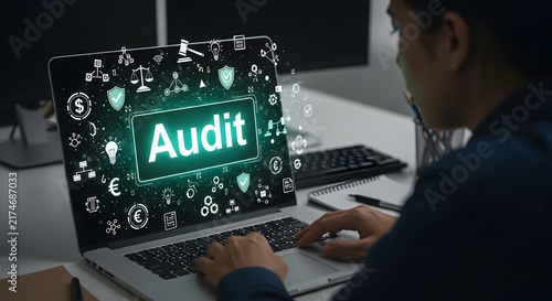 Business Audit and Compliance Concept with Laptop Screen Displaying Digital Audit Dashboard