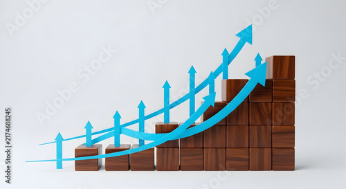 Business Growth and Success Concept with Wooden Stairs and Blue Arrows Pointing Upward