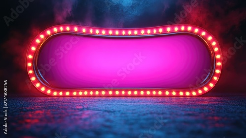 A large, pink sign with red lights is lit up. The sign is empty and the lights are on, creating a bright and eye-catching display. The pink color of the sign and the red lights give off a fun