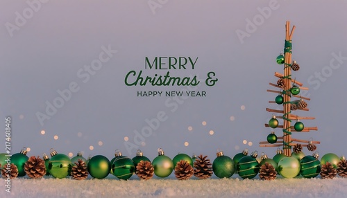 Green Christmas Ornaments and Wooden Tree in Snow