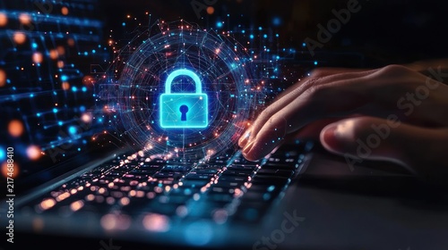 Hands typing on a backlit laptop keyboard with a glowing digital padlock hologram, network nodes and circuitry conveying futuristic cybersecurity and protected data