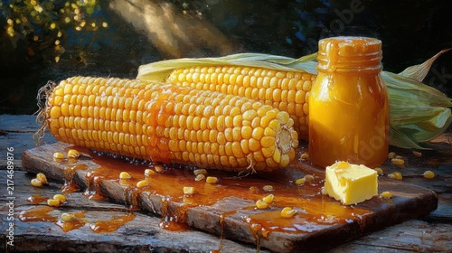 Two glossy ears of corn on the cob with scattered kernels, a jar of golden glaze and a melting pat of butter on a rustic wooden board, warm and mouthwatering