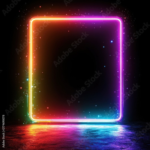 vibrant glowing rainbow neon square frame with sparkling particles and colorful reflection on glossy dark surface, futuristic and magical mood