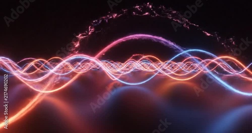  Animated Abstract neon gradient scene with glowing red orange and blue light on a dark background modern futuristic background for technology branding and digital design 3d render illustration. 4K