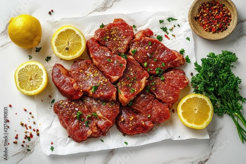 Fresh seasoned raw beef steaks arranged on parchment with lemon halves whole lemons parsley and a bowl of mixed peppercorns creating an appetizing meal prep scene