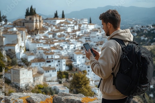 Young man with backpack checking his smartphone while standing by a stone wall and overlooking a whitewashed hillside village with terracotta roofs and distant mountains, contemplative mood