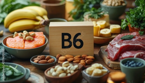 Vibrant spread of vitamin-rich foods with wooden block labeled B6 surrounded by salmon, bananas, assorted nuts, raw beef, leafy greens and berries evoking health and vitality