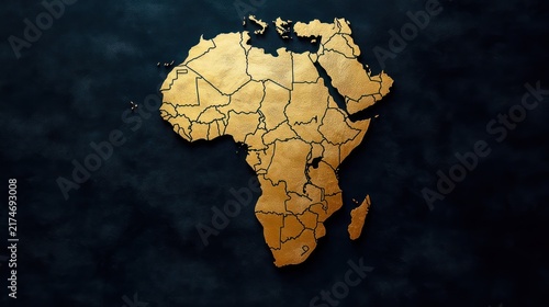 gold metallic map of africa with visible country borders on a dark textured background conveying elegance and prestige